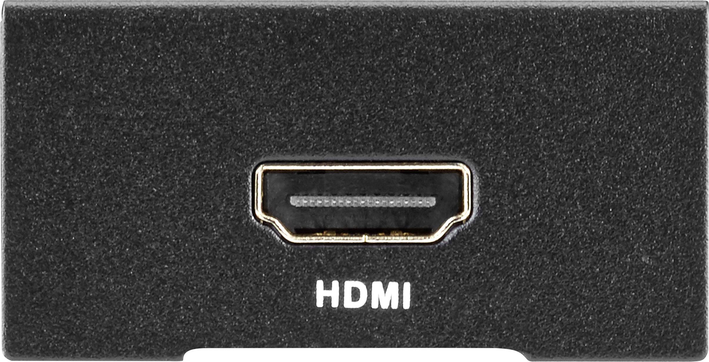 Černý HDMI konektor na zařízení. Pod ním je nápis "HDMI" bílými písmeny.