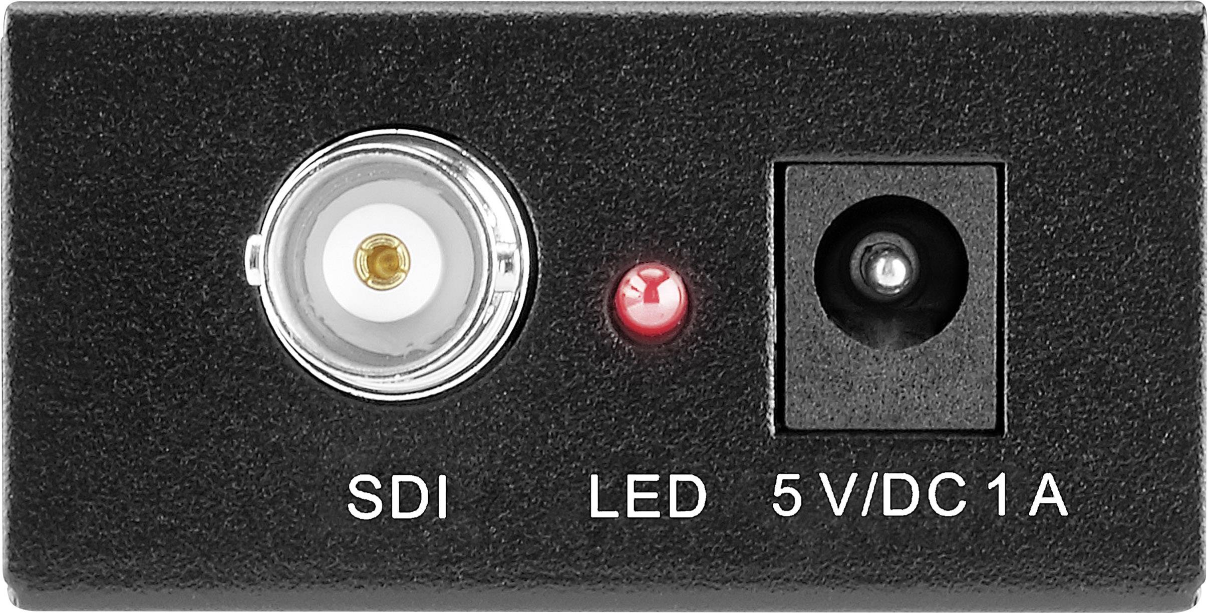 Zařízení s SDI připojením, svítící LED indikací a napájením 5V/DC 1A, na černém pozadí.