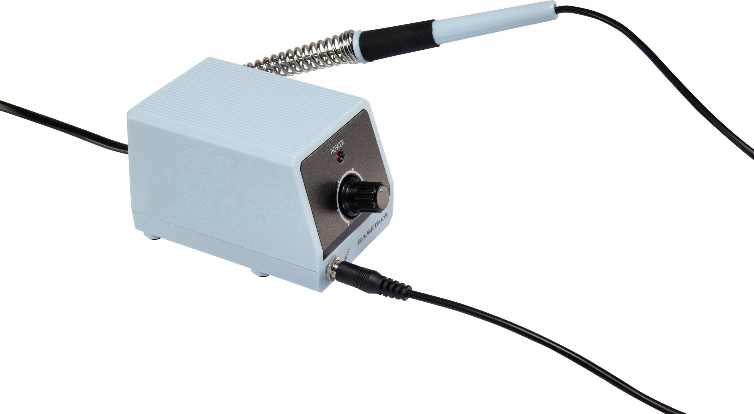 Modrý pájecí hrot se stanicí a regulátorem. Pájecí hrot je spojen se spirálovitým držákem na stanici.