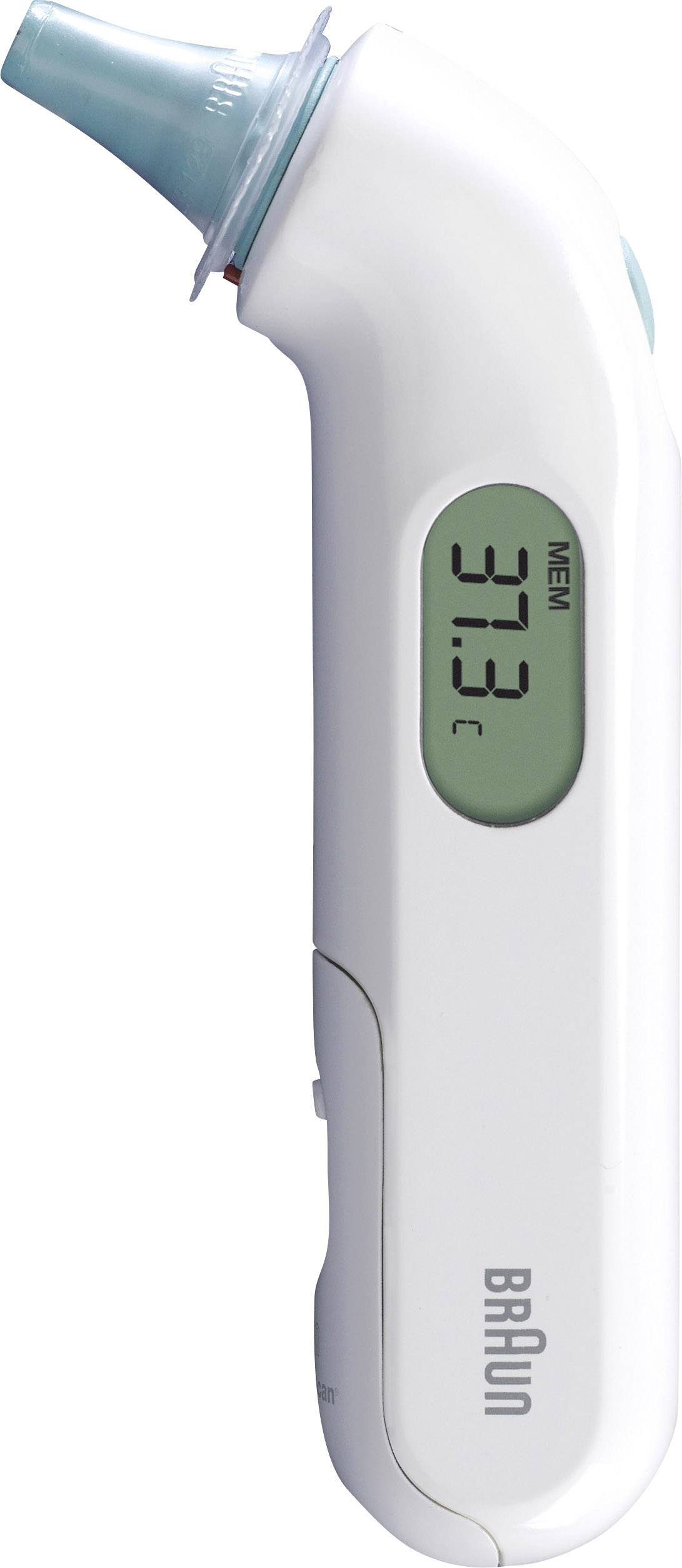 Ušní teploměr ukazuje na digitálním displeji teplotu 37,3 °C. Má bílou a modrozelenkavou barevnost.