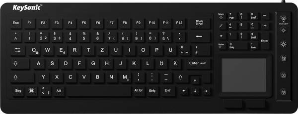 Keysonic KSK-6231 INEL (DE) USB klávesnice německá, QWERTZ černá silikonová membrána, vodotěsné (IPX7), s podsvícením, integrovaný touchpad, tlačítka myši