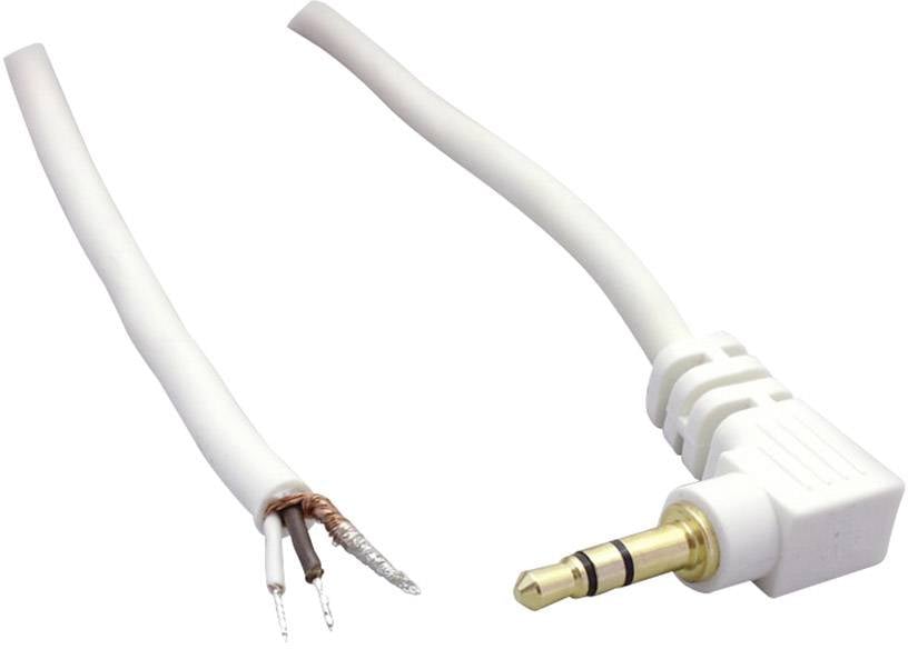 Bílý audio kabel s odkrytým koncem vlevo a zahnutým 3,5mm konektorem vpravo.