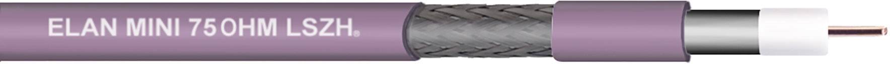 Koaxiální kabel s nápisem 'ELAN MINI 75 OHM LSZH', fialové izolace, stříbrné stínění, ukazuje strukturu a označení kabelu.