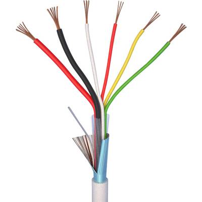 Otevřený vícežilový kabel se šesti barevnými vodiči: červený, černý, bílý, žlutý, zelený, modrý. Vhodný pro elektronické připojení.