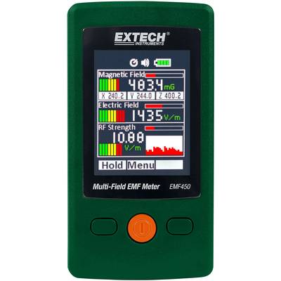 EMF měřicí přístroj zobrazuje magnetické pole, elektrické pole a intenzitu vysokofrekvenčního záření pomocí digitálních displejů a sloupcových grafů.