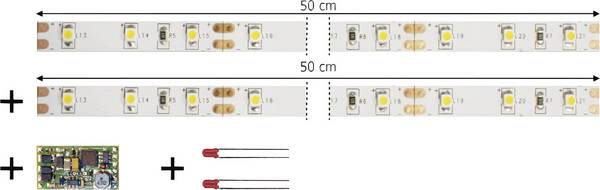 TAMS Elektronik 53-01450-02-C  LED páska v závislosti na směru jízdy, regulace intenzity světla, spínání s modulem Vhodná pro (modelová železnice): vnitřní osvětlení pro osobní váhy teplá bílá 1 sada