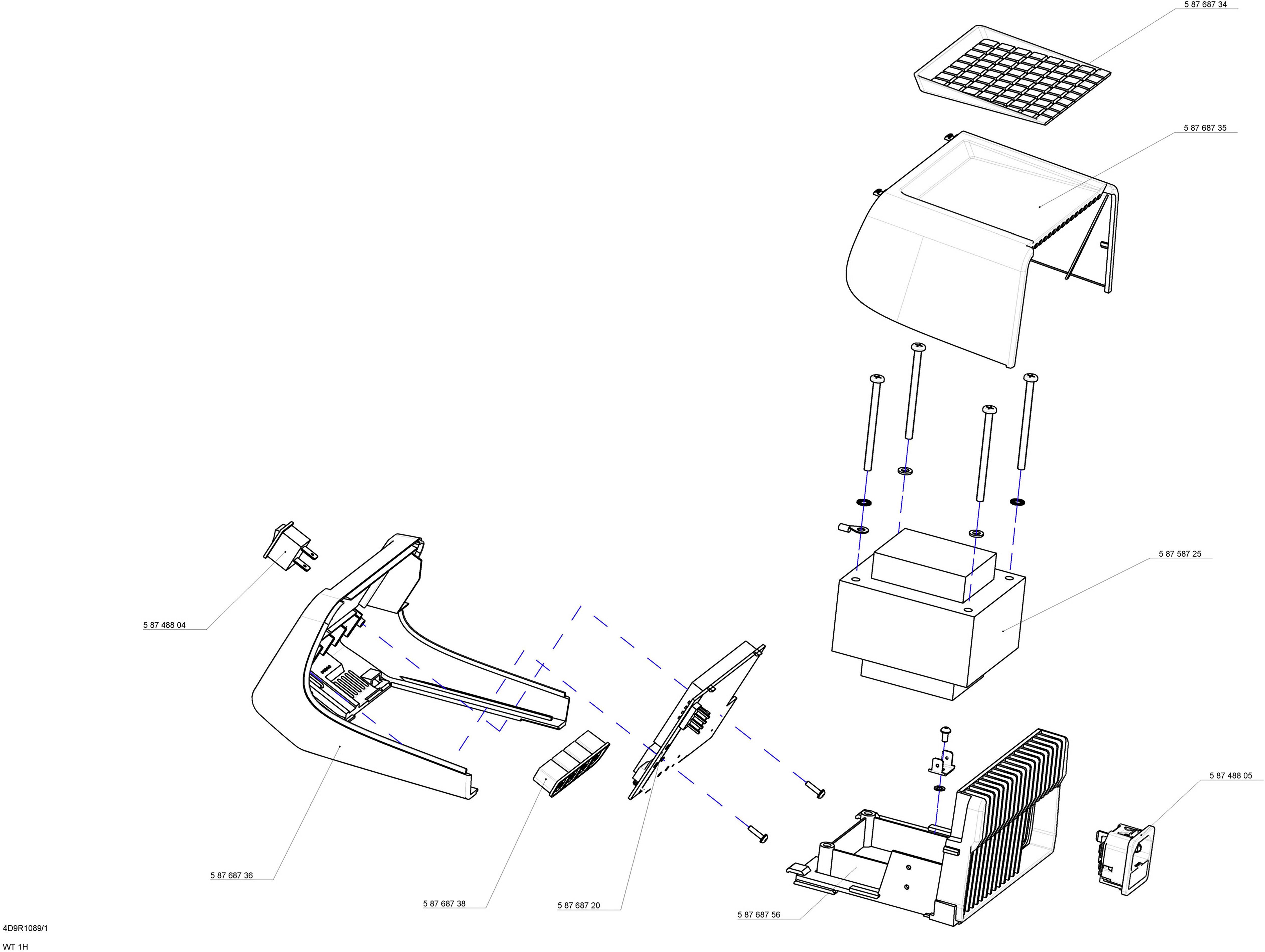 Rozložený nákres technického zařízení, s viditelnými komponenty jako jsou kryt, šrouby a elektronika. Díly jsou označeny štítky.