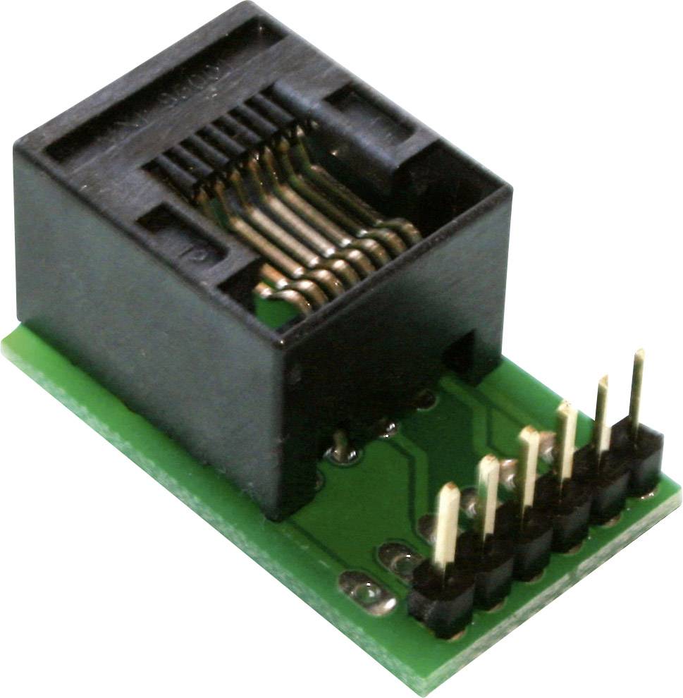 Zelený modul desky plošných spojů s černou zásuvkou RJ-12 a několika zlatými kontakty. Slouží k propojení elektronických zařízení.