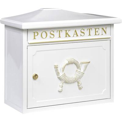 Bílá poštovní schránka s nápisem 'POSTKASTEN' zlatým písmem. Na přední straně je reliéf poštovního rohu.