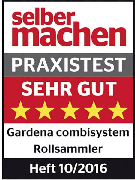 Logo 'Udělej si sám' s 5 žlutými hvězdami, hodnocení 'Praktický test velmi dobře' pro Gardena combisystem válcový sběrač, číslo 10/2016.