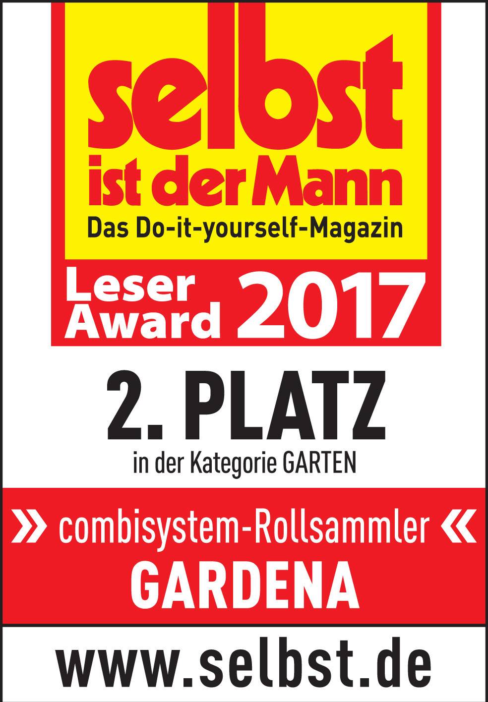 Magazín 'Selbst ist der Mann' uděluje Cenu čtenářů 2017, 2. místo v kategorii Zahrada, výrobku Gardena combisystem-Rollsammler.