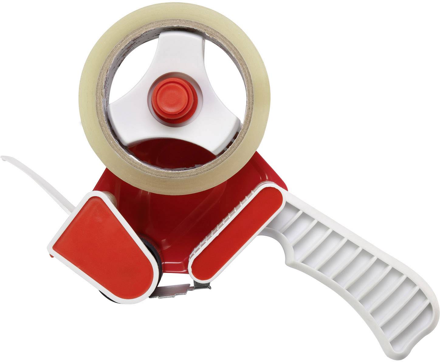 Červený ruční odvíječ lepicí pásky v typickém designu pro balení krabic.