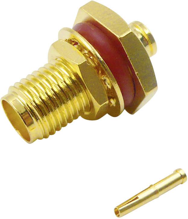 Zlatý elektrický konektor s jednotlivou součástkou. Ideální pro elektronické aplikace, zobrazuje matici a červenou izolační část.