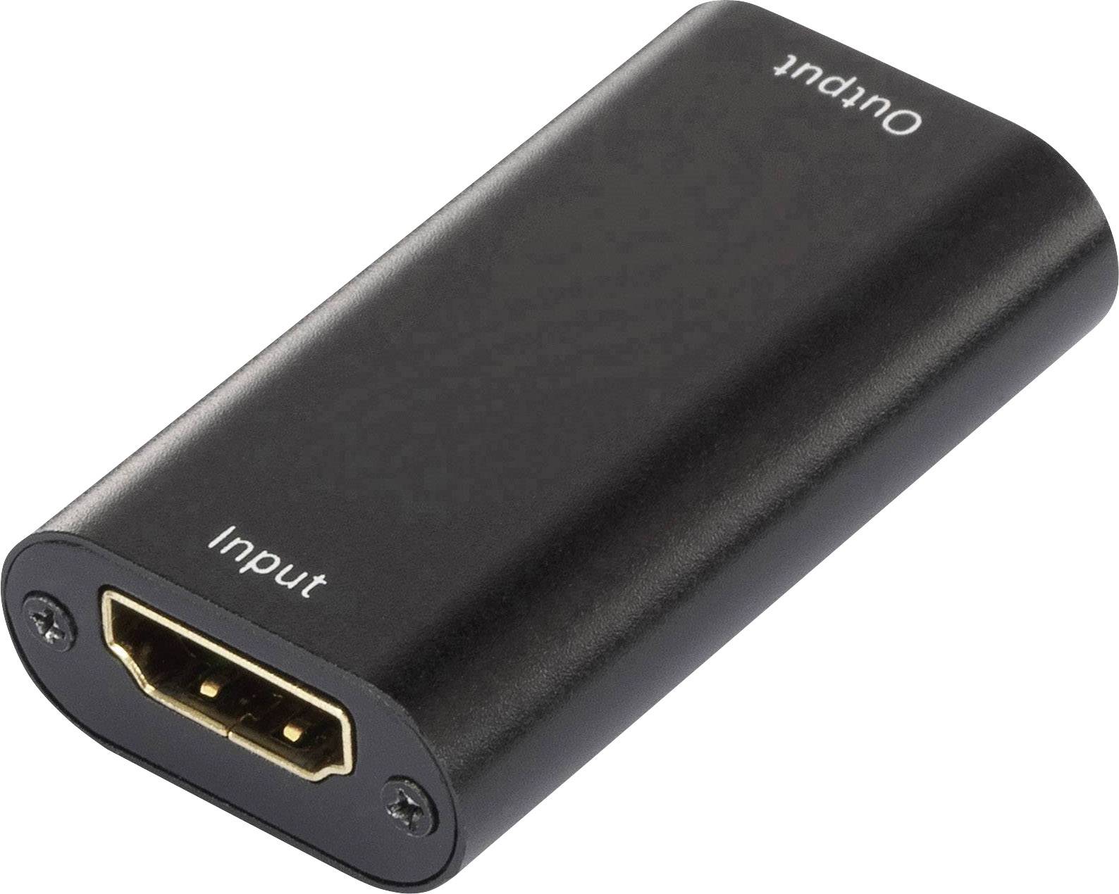 Černý HDMI adaptér se dvěma přípojkami: 'Input' na přední straně a 'Output' na horní straně.