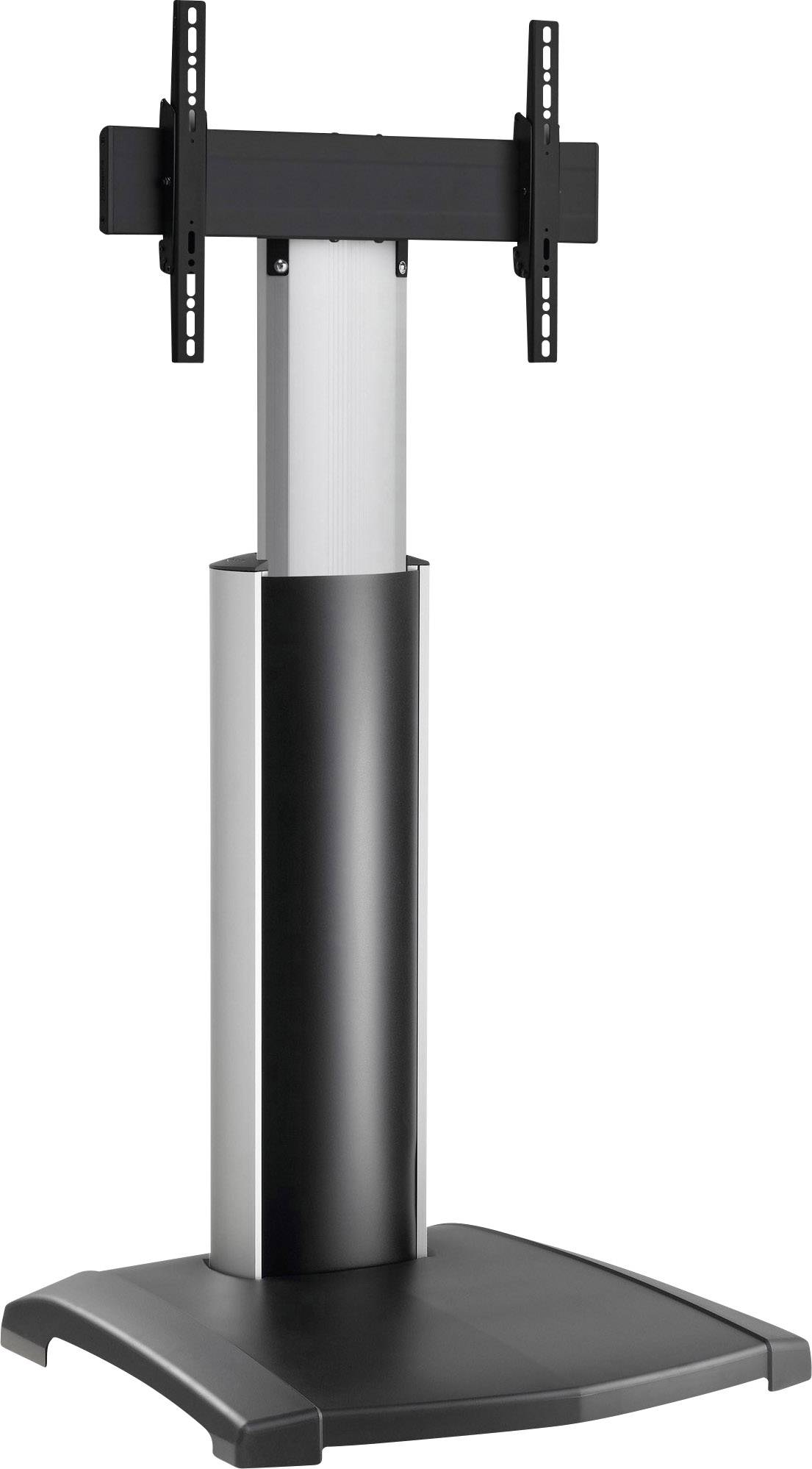 Stříbrný a černý stojan na televizi nebo monitor s pevnou základnou a upevňovacím mechanismem.