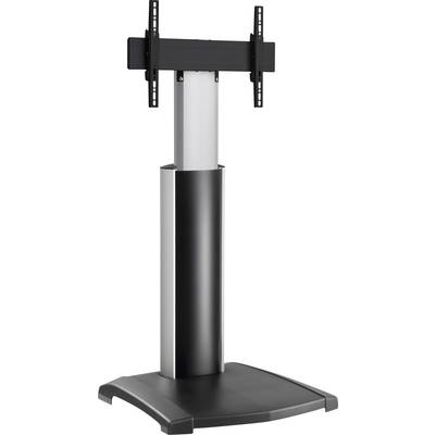 Stříbrný a černý stojan na televizi nebo monitor s pevnou základnou a upevňovacím mechanismem.