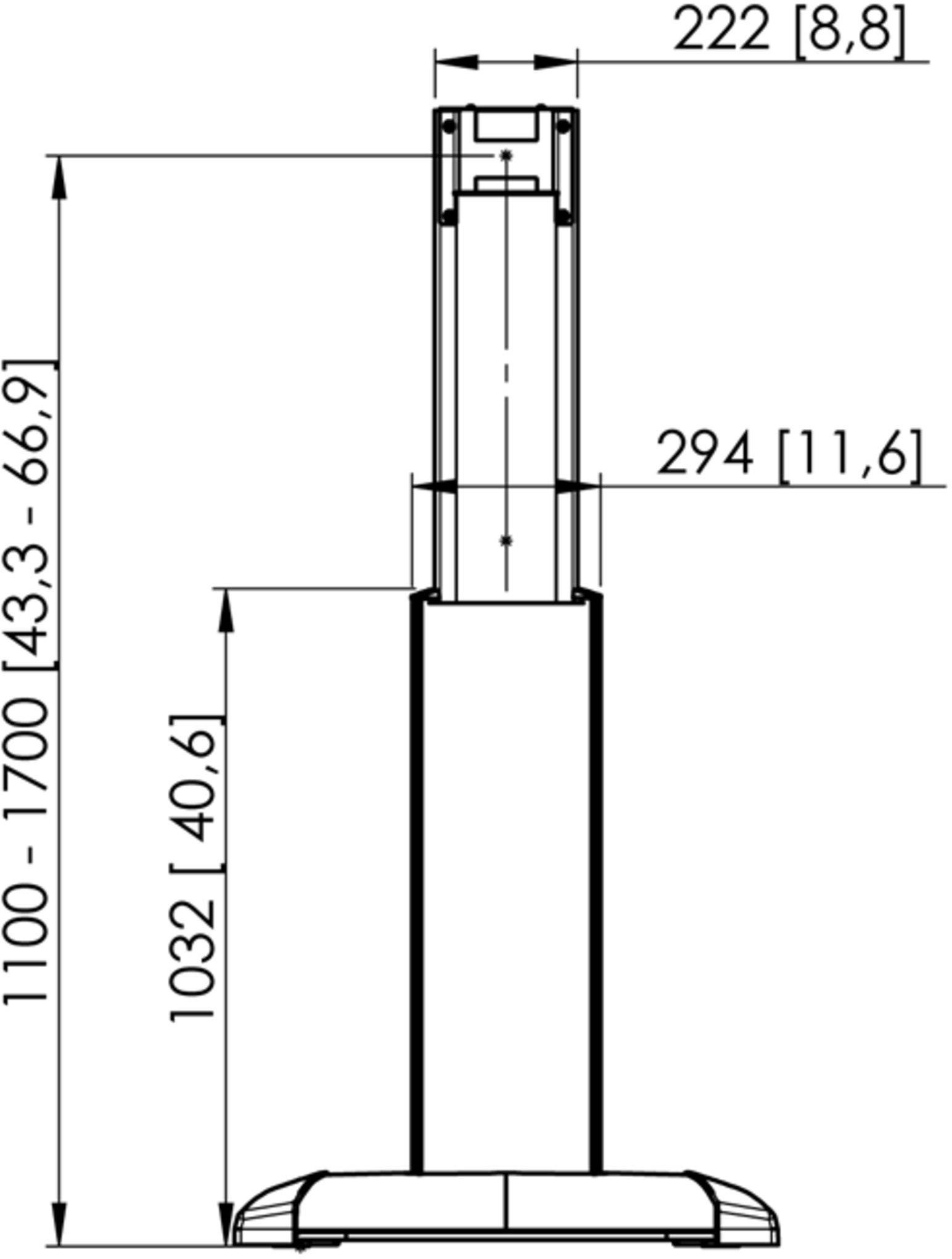 Technický výkres válcového objektu s rozměry: výška 1100-1700 mm, šířka 222 mm, střední šířka 294 mm, spodní sekce 1032 mm.