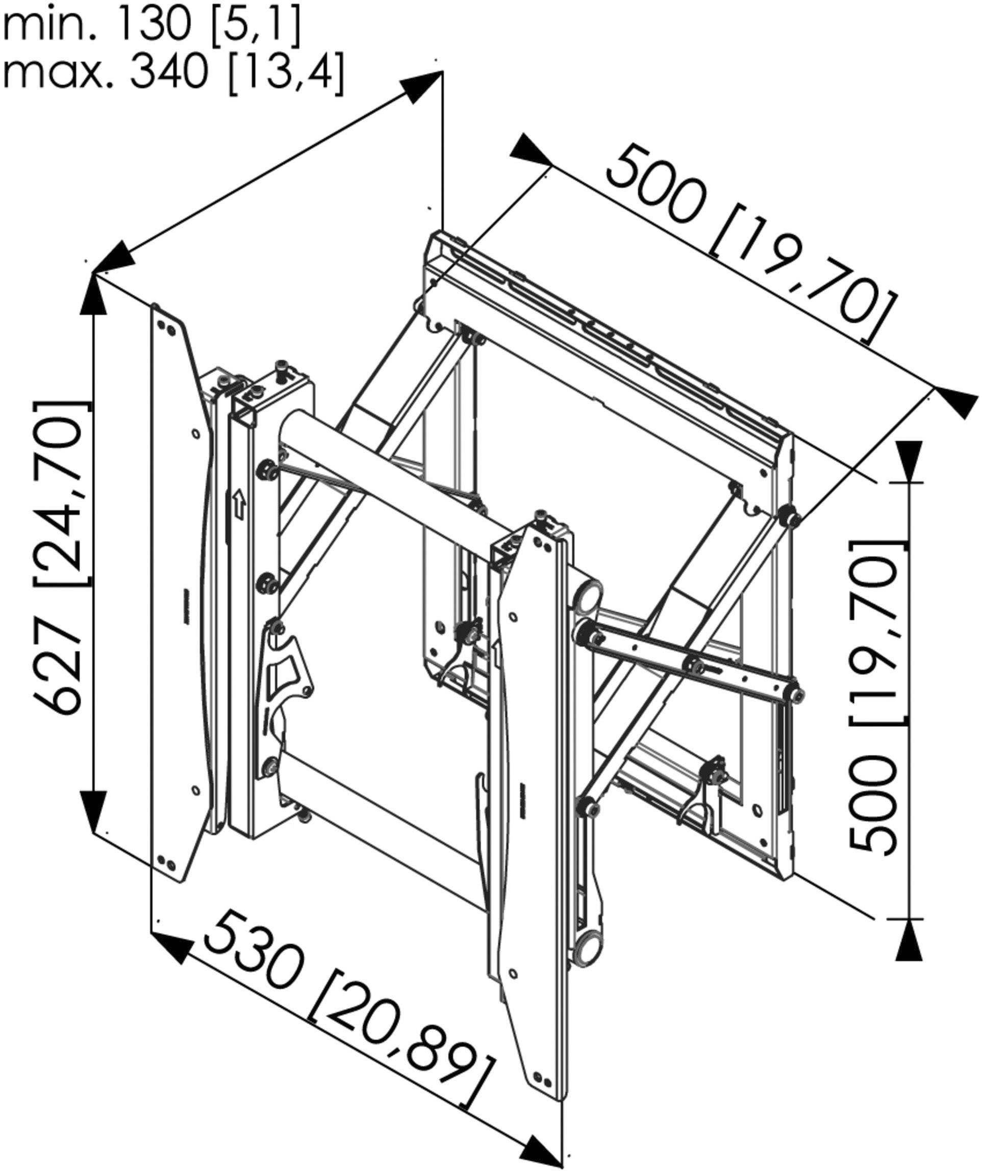 Technický diagram znázorňuje rozměry výsuvného systému na zavěšení televize: šířka 530 mm, výška 627 mm, hloubka nastavitelná od 130 mm do 340 mm.