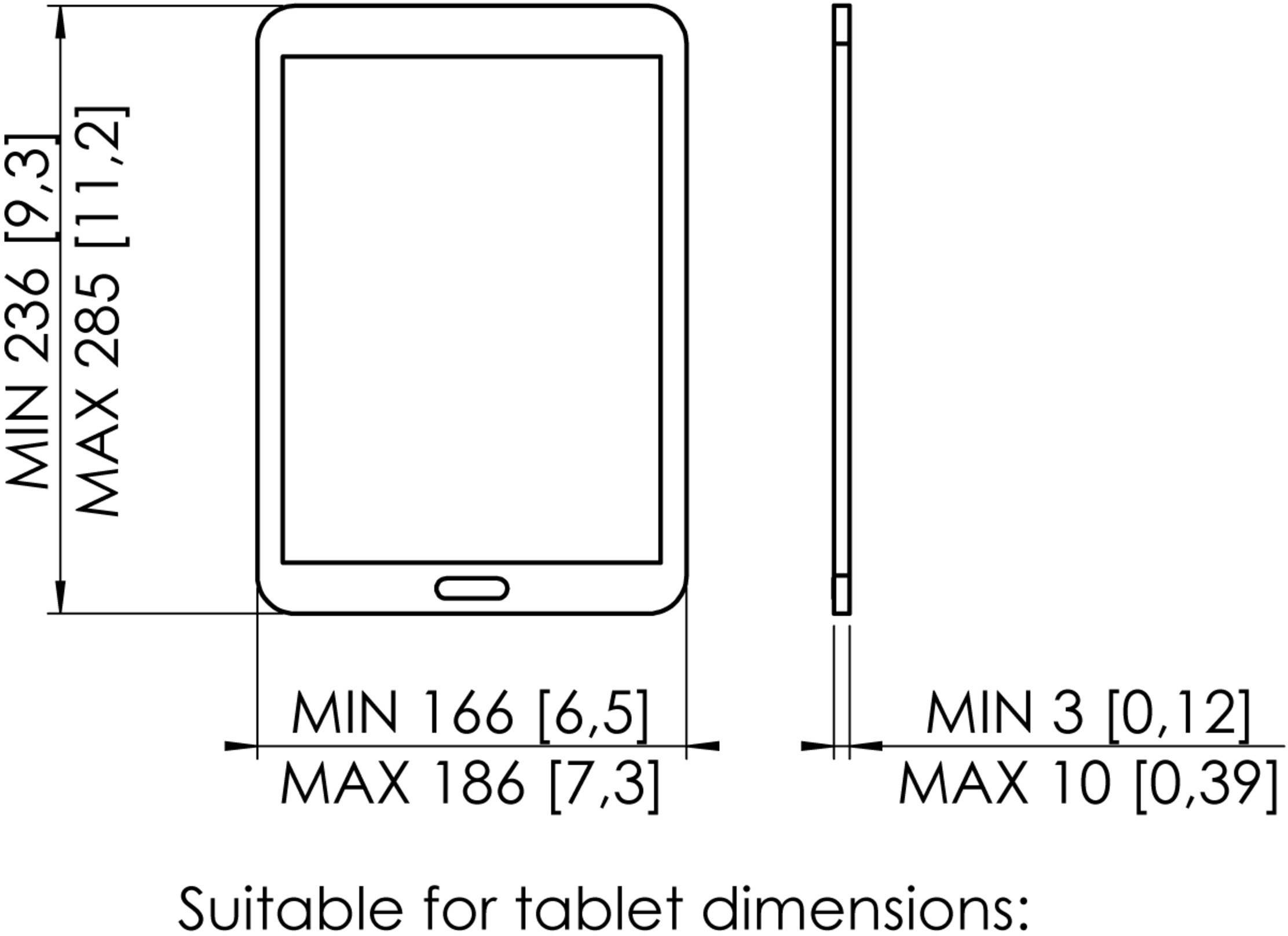 Vhodné pro rozměry tabletu: výška 236-285 mm, šířka 166-186 mm, tloušťka 3-10 mm.