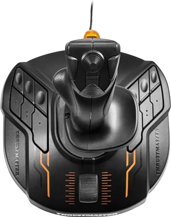 Černý joystick s oranžovými akcenty a několika tlačítky, vhodný pro počítačové hry a simulace.
