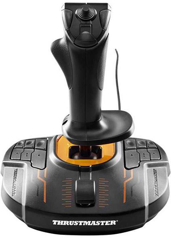 Joystick s několika tlačítky, rukojetí a kabelem, vhodný pro letecké nebo simulační hry. Název značky viditelný na základně.