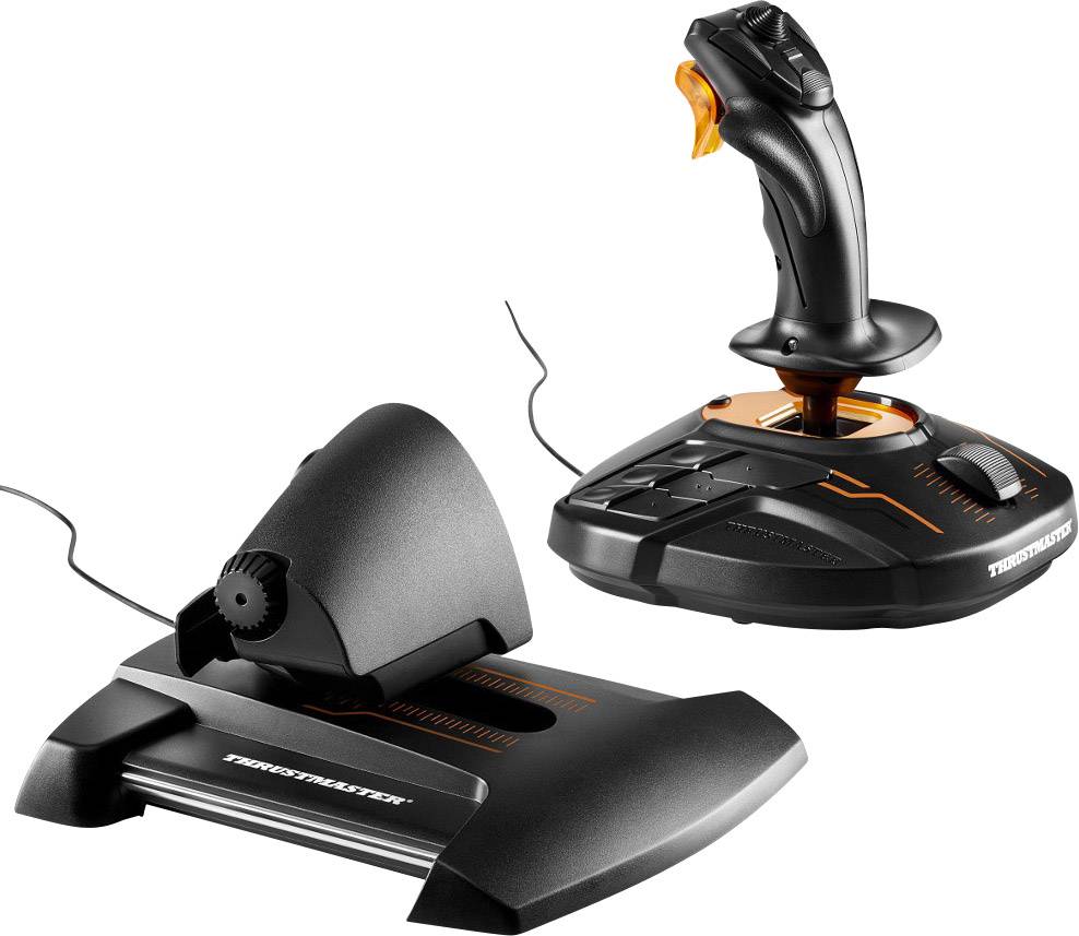Černý joystick a plynová páka s oranžovými akcenty, připojené pomocí kabelů, vhodné pro letecké simulace.