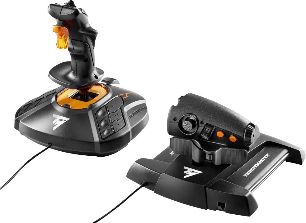 Joystick a řídicí páka pro simulace na světlém pozadí. Obsahuje několik tlačítek a pák pro přesné ovládání.