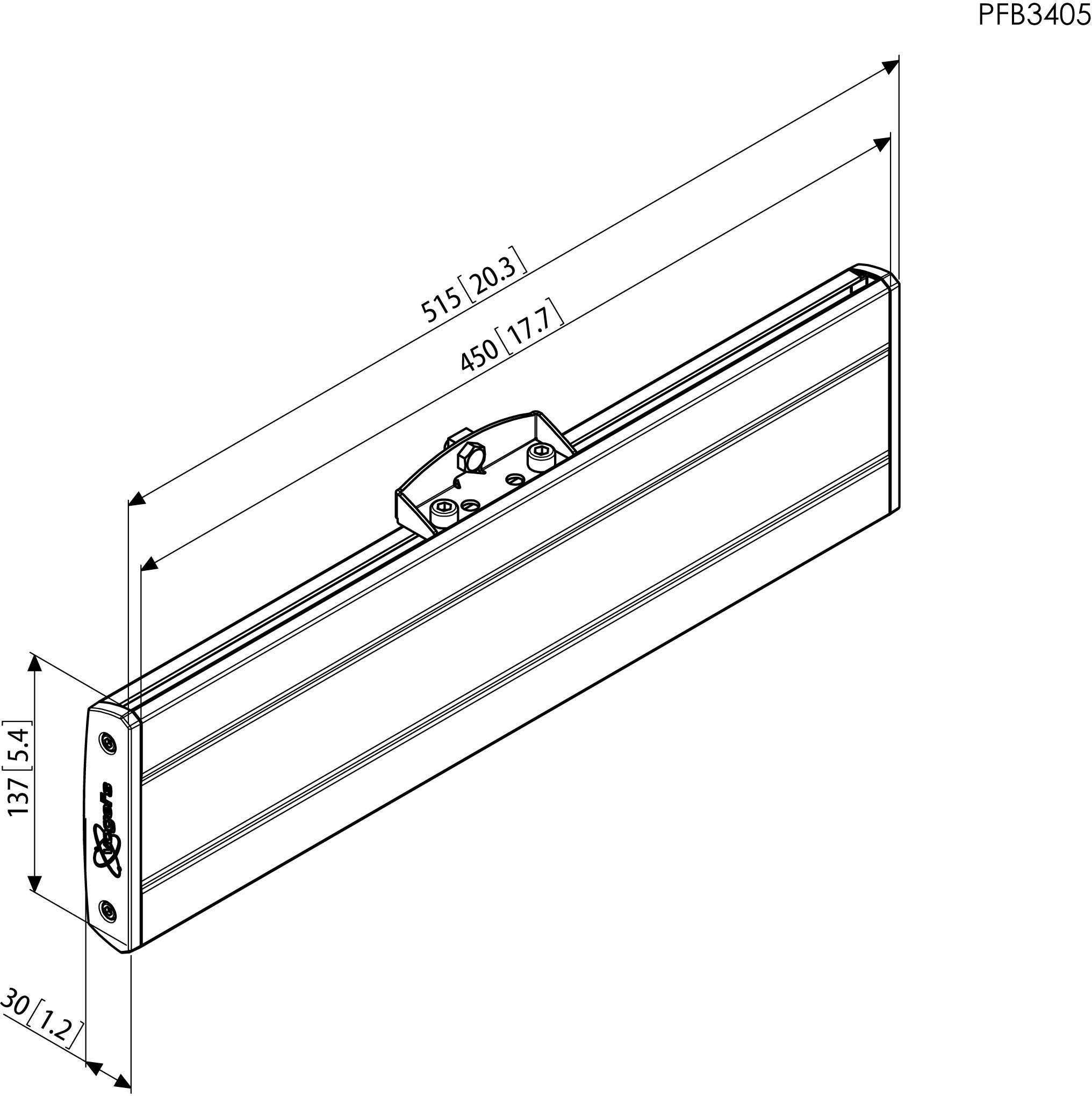 Technický výkres kovového držáku s rozměry 515 mm délka, 137 mm výška a 30 mm šířka, model PFB3405.