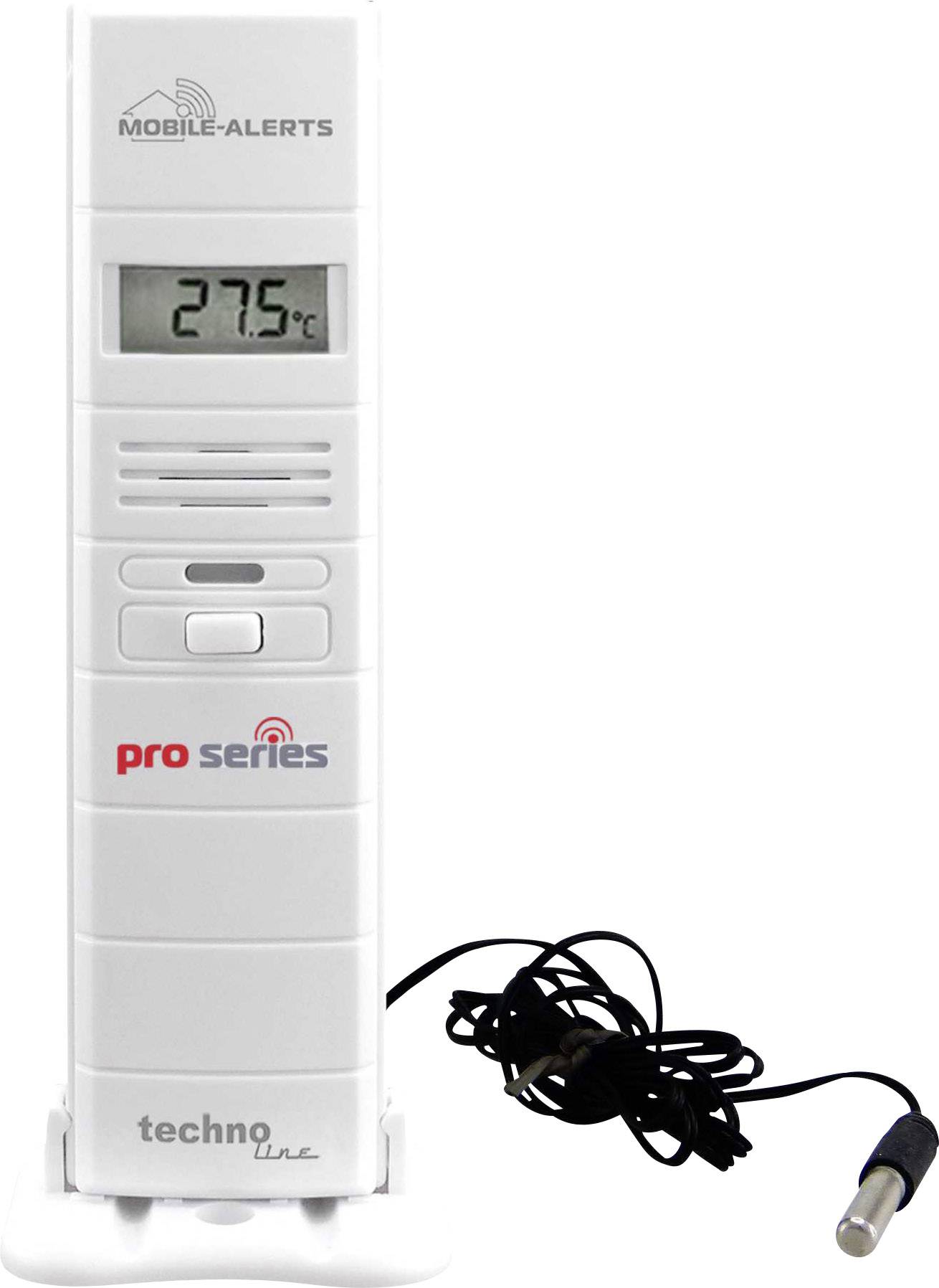 Digitální teploměr s kabelovým senzorem, ukazuje 27,5°C. Součást série 'pro series'. Bílý, obdélníkový, stojící design s displejem nahoře.