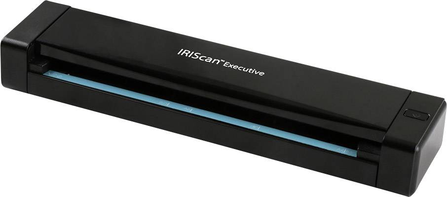 Přenosný černý skener s nápisem 'IRIScan Executive', vhodný pro skenování dokumentů na cestách.