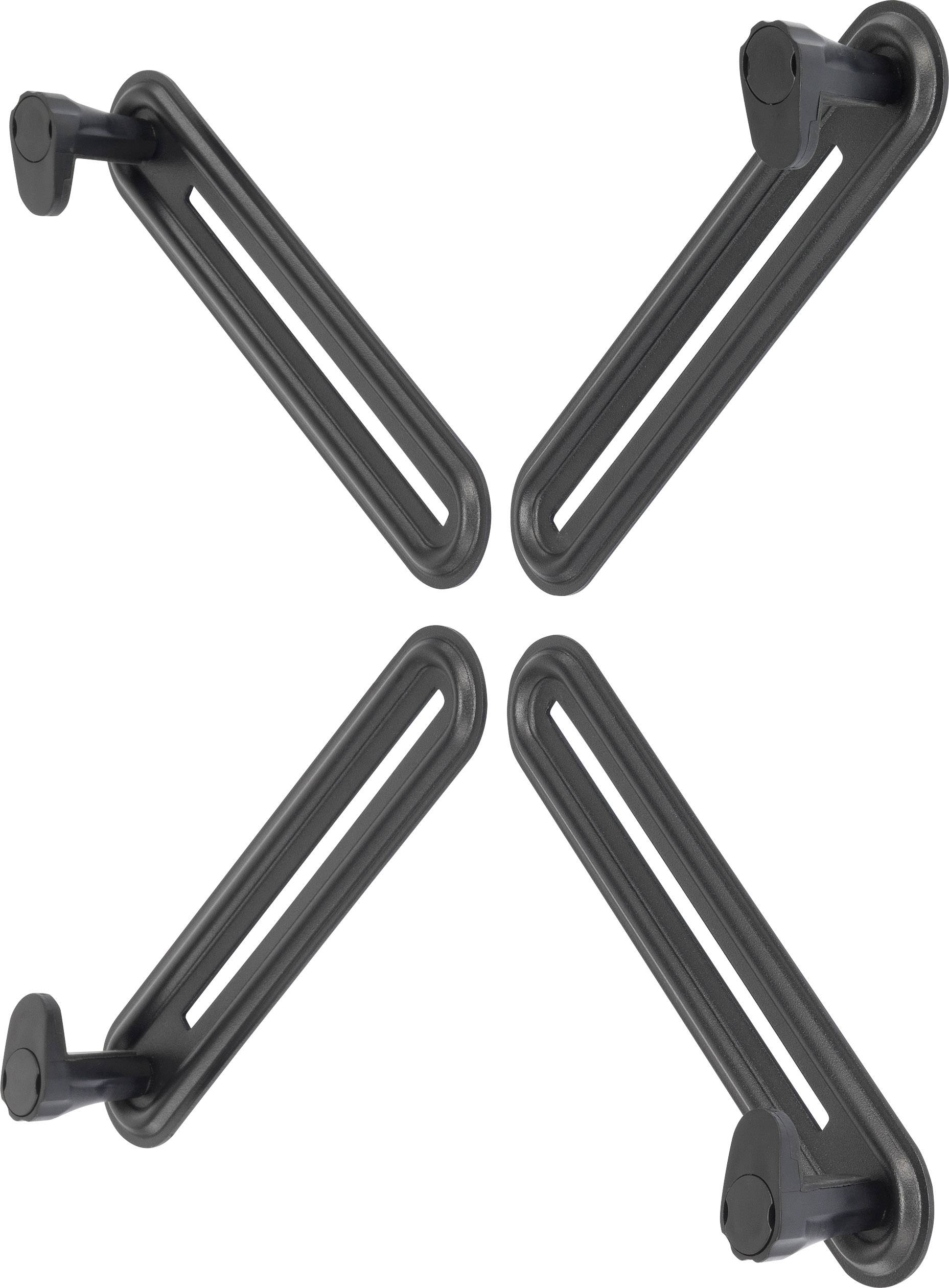 Čtyři černé kovové háky s nastavitelným úhlem jsou symetricky uspořádány po směru hodinových ručiček kolem střední osy.