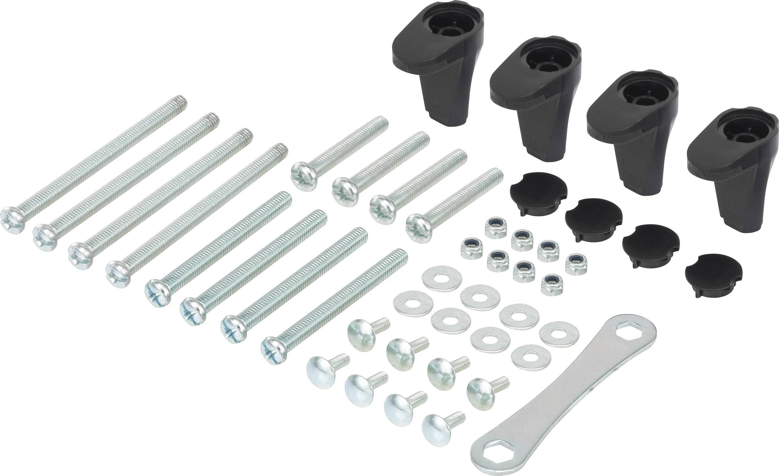 Sada montážních dílů, včetně šroubů, podložek, matic, plastových krytů a montážního klíče.