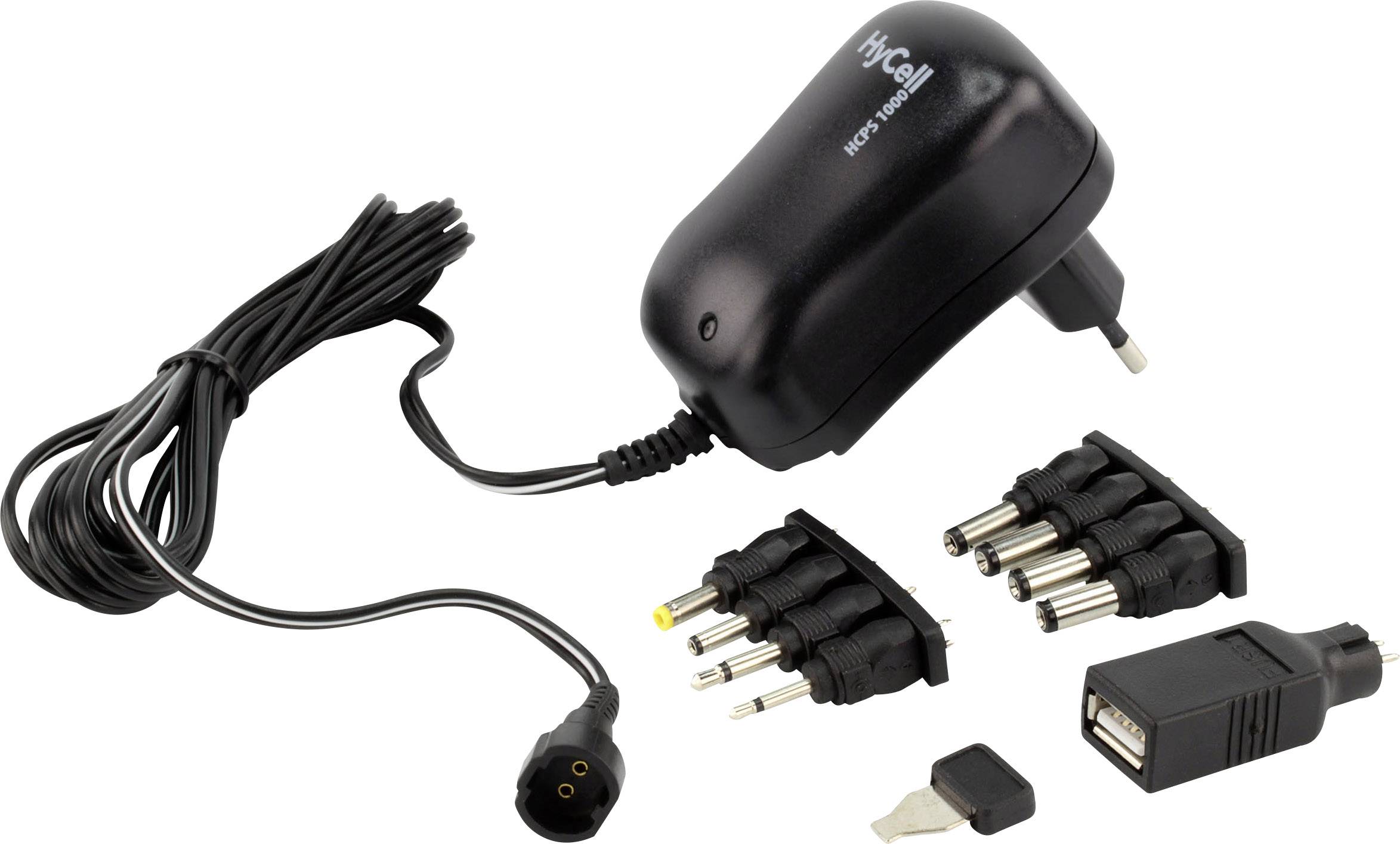 Univerzální napájecí adaptér s několika vyměnitelnými zástrčkami a USB portem, vhodný pro různá zařízení.