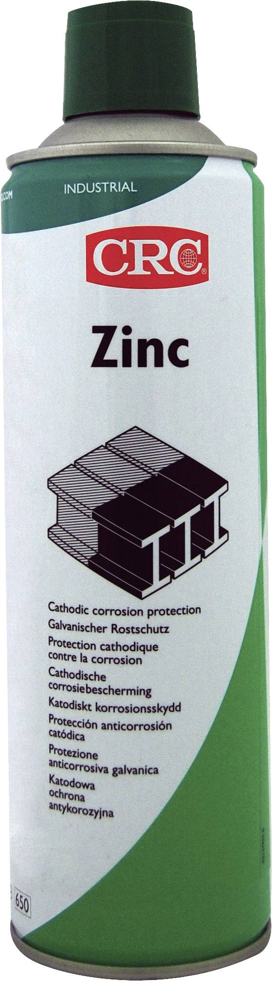 Sprej značky CRC se zelenou etiketou, nápis 'Zinc', poskytuje katodickou protikorozní ochranu pro průmyslové aplikace.