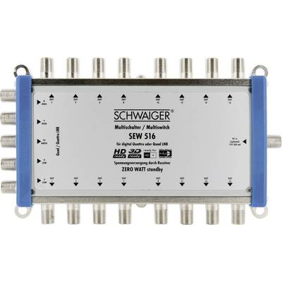 Multischalter SEW 516 od Schwaiger se 16 vstupy pro digitální Quattro nebo Quad LNB, podporuje HD a 3D, v pohotovostním režimu s nulovým příkonem.