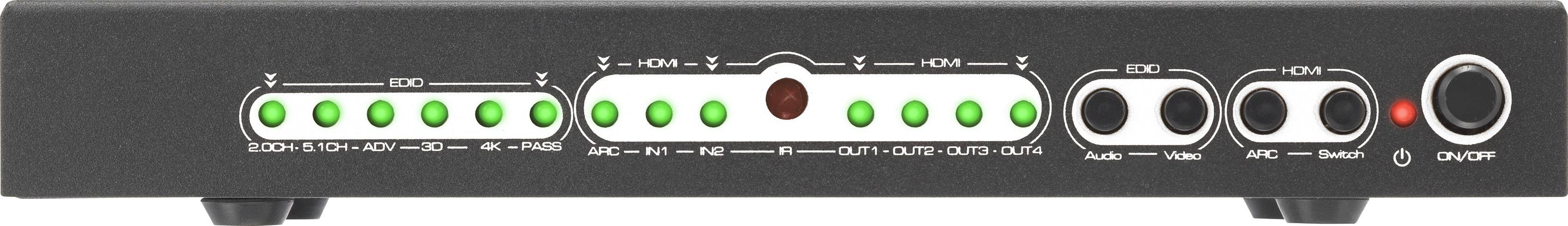 Černé audio rozhraní s několika zelenými LED diodami, knoflíky a hlavním vypínačem. Hlavní funkce jsou zřetelně označeny.
