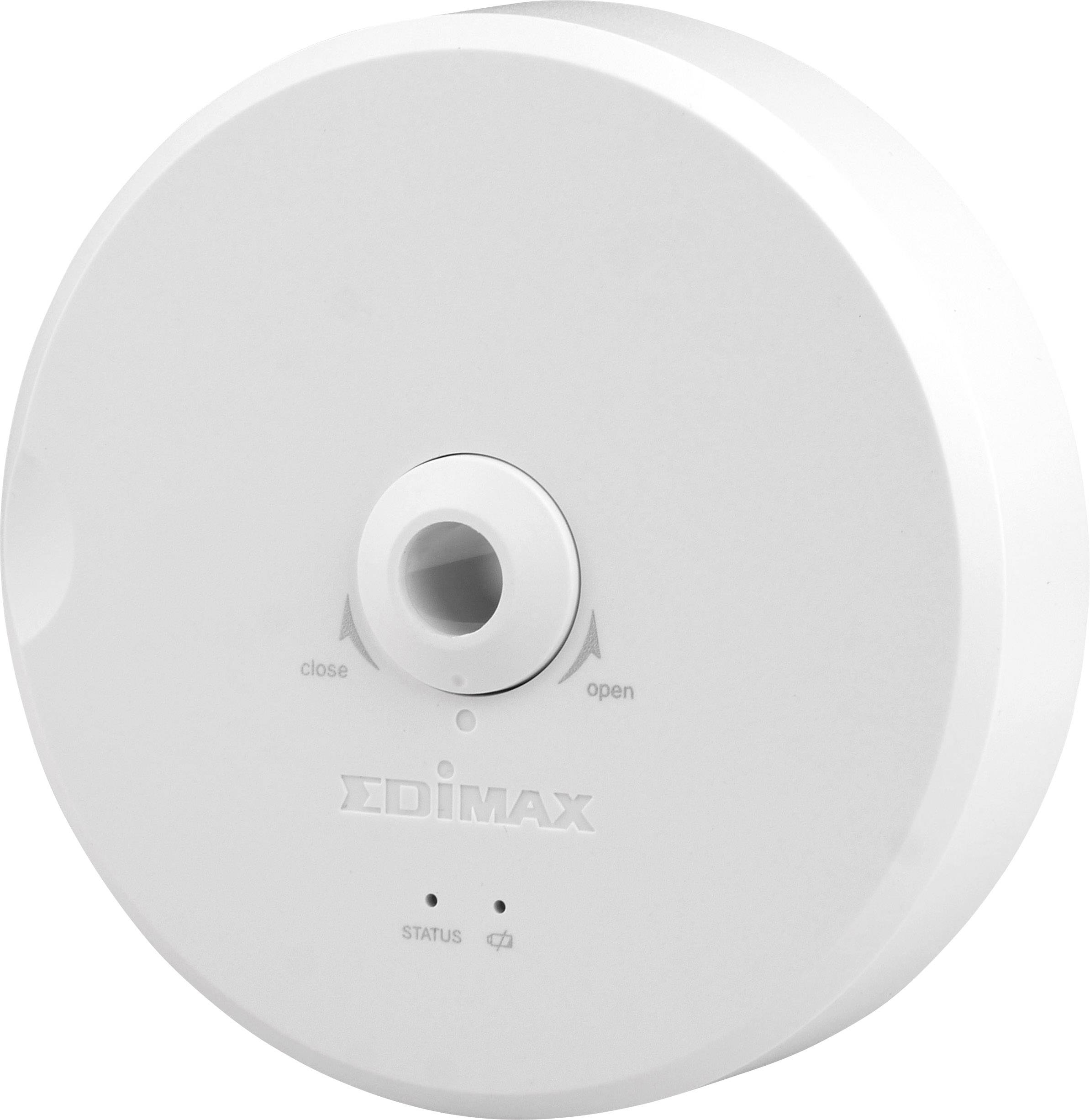 Kulatý bílý IoT senzor od Edimax. Přepínač zobrazuje možnosti 'otevřeno' a 'zavřeno'. Stavový indikátor dole s Wi-Fi symbolem.
