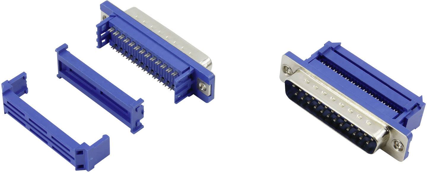 Modrý konektorový konektor a zásuvka s více kolíky, vhodné pro elektronická zařízení a kabeláž, na bílém pozadí.