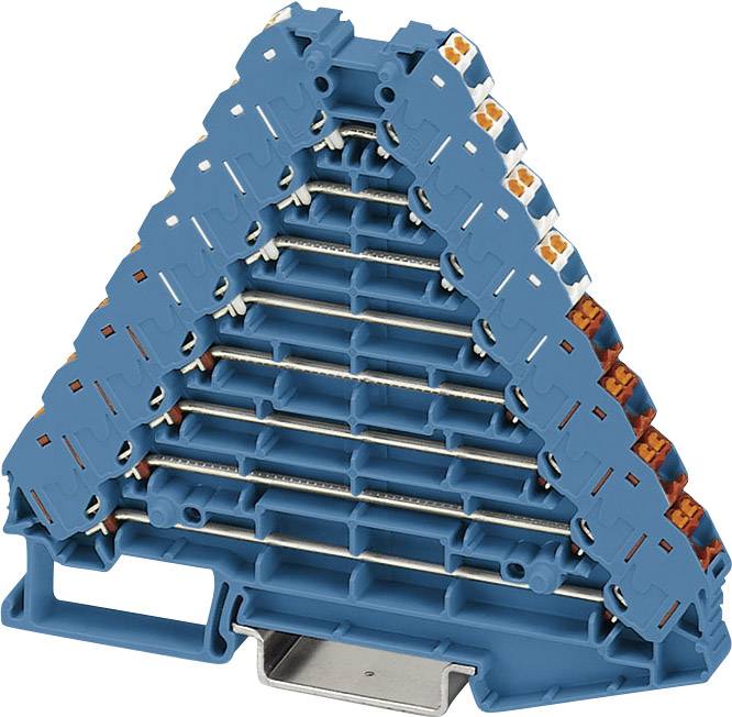 Stohovatelný systém svorkovnicových bloků ve tvaru pyramidy s modrými a oranžovými prvky, který zjednodušuje elektrické propojení.