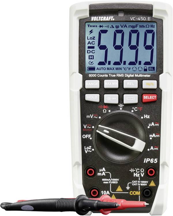 VOLTCRAFT VC-450 E digitální multimetr, ochrana proti tryskající vodě (IP65), CAT III 1000 V, CAT IV 600 V, Displej (counts): 6000