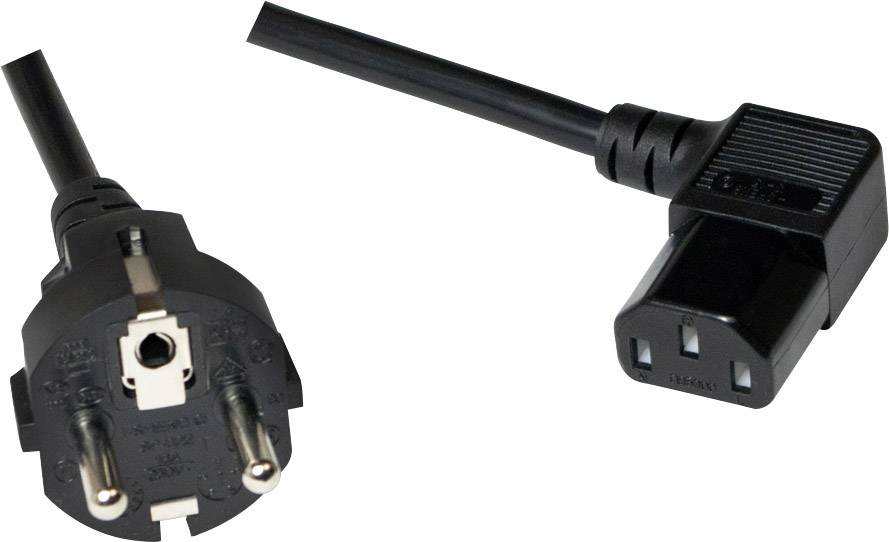 Černý síťový kabel se Schuko zástrčkou vlevo a C13 konektorem vpravo.