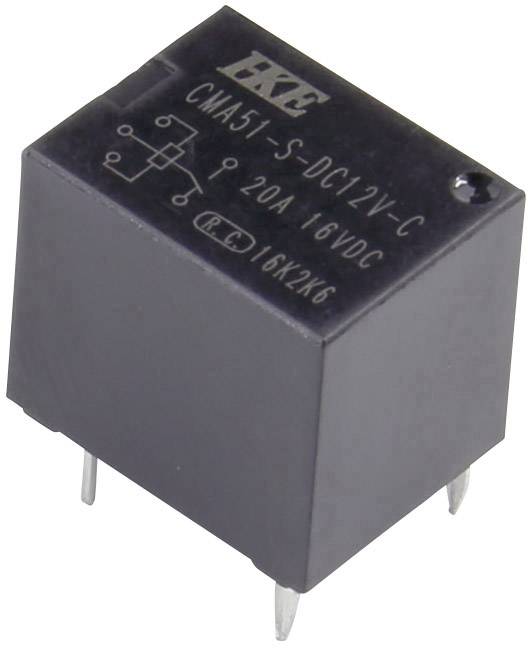 Černé relé s nápisem 'HKC CMA51-S-DC12V-C, 20A 16VDC'. Čtyři kovové svorky na spodní straně.