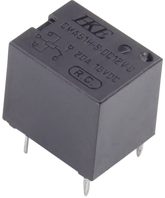 Černé obdélníkové relé s nápisem 'HKE CMA51H-S DC12V C 20A 16VDC R.C.' s několika připojovacími kolíky.