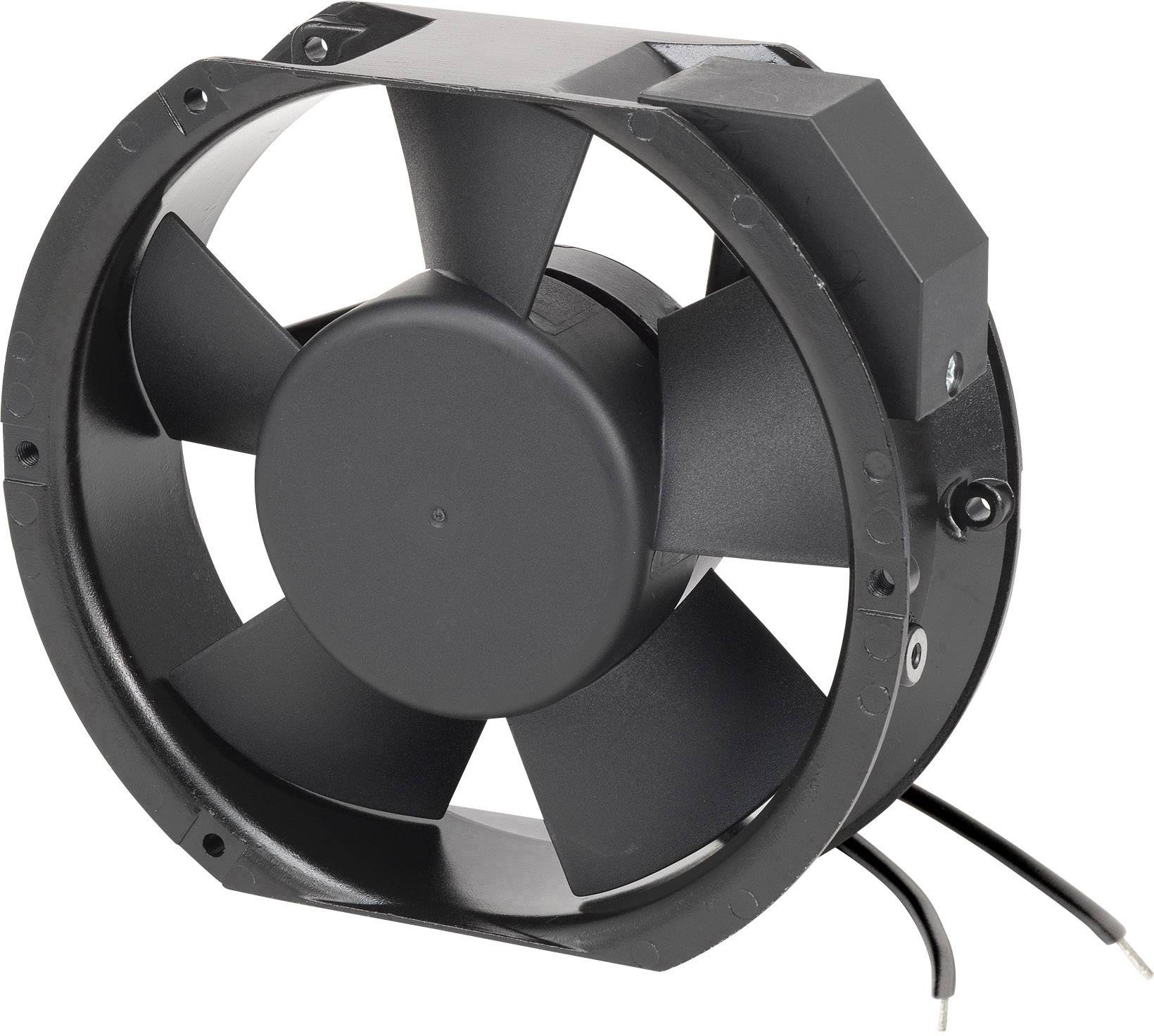 Černý ventilátor v kulatém provedení s pěti lopatkami a dvěma kabely, vhodný pro chlazení nebo ventilační aplikace.