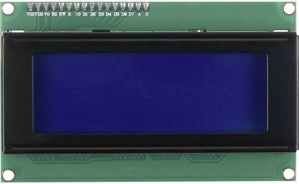 LCD displej s modrou podsvětou a 16 kolíky nahoře, vhodný například pro elektronické projekty a aplikace s mikrořadiči.