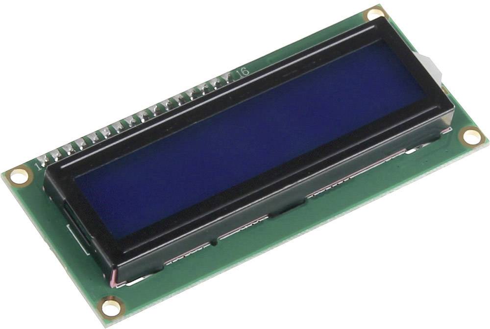 Modrý LCD modul s černými pixely na zelené desce plošných spojů. Často se používá v elektronických projektech k zobrazování textu.