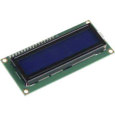 Modrý LCD modul s černými pixely na zelené desce plošných spojů. Často se používá v elektronických projektech k zobrazování textu.