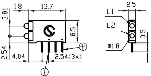 Technický výkres elektronické součástky s rozměry v milimetrech: délka 13,7 mm, výška 8,5 mm, šířka 4,04 mm.