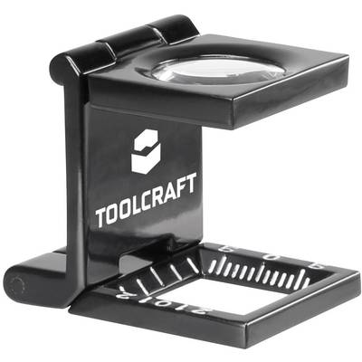 Černá lupa na počítání vláken se skleněnou čočkou a centimetrovou stupnicí, označená značkou 'Toolcraft', určená pro přesné měření malých detailů.