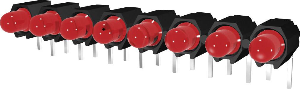 Červené LED diody namontované v řadě ukazují skupinové uspořádání elektronických součástek.
